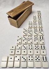 Vintage MCM Dominos Set Complete Original Dovetail Wood Box Brass Center Spinner