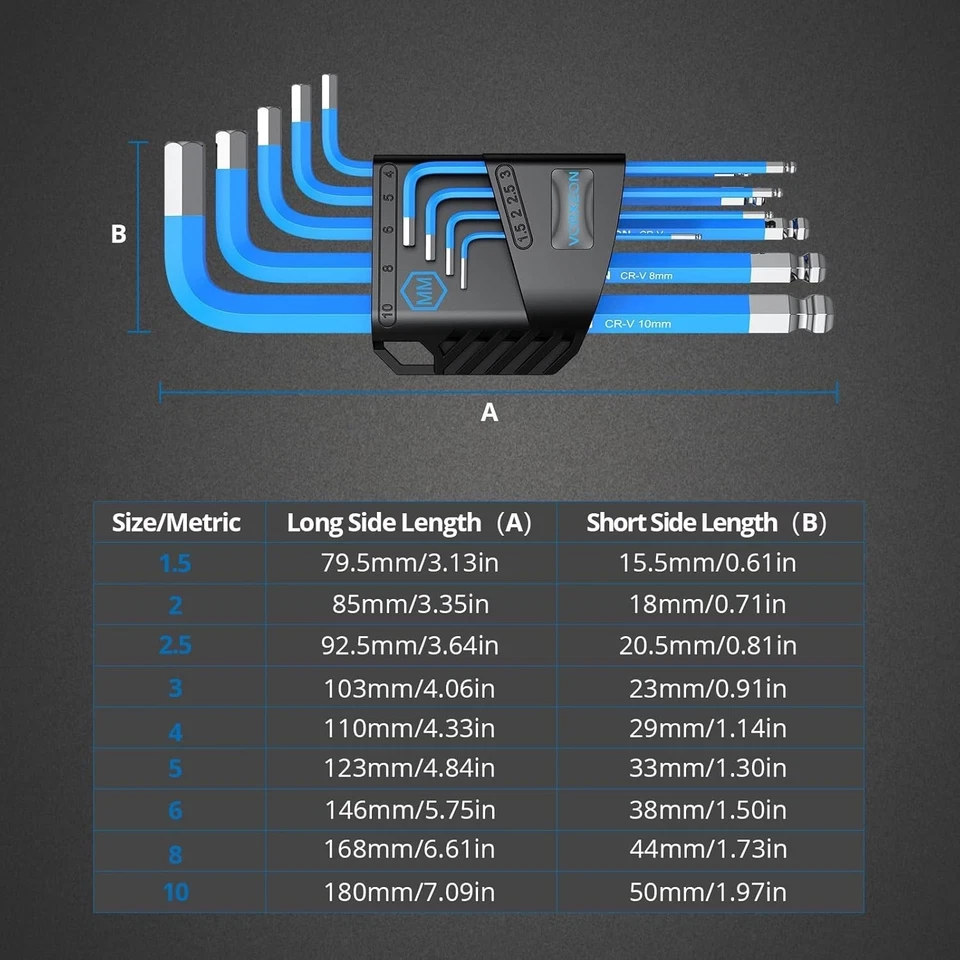 Hex Key Set 1.5mm-10mm, 9PCS Metric Long Ball End Blue Allen Key Set L-key with - Image 2 of 4