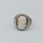 Vintage 925 Sterling Silver Shell Cameo Ring Hand‑Carved Portrait Sz 10.75