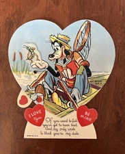 Disney Valentine's Greeting Card Mechanical Goofy Wilbur Fishing WDP 1939 RARE