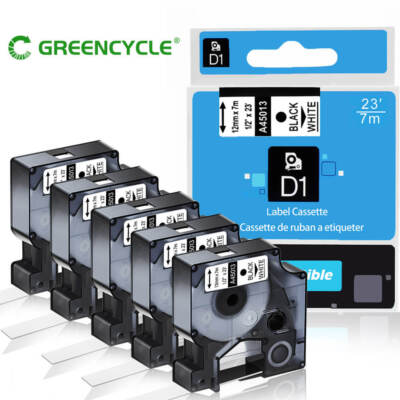 45013 S0720530 Label Tape Compatible for Dymo 12mm Black/White Waterproof 5Packs