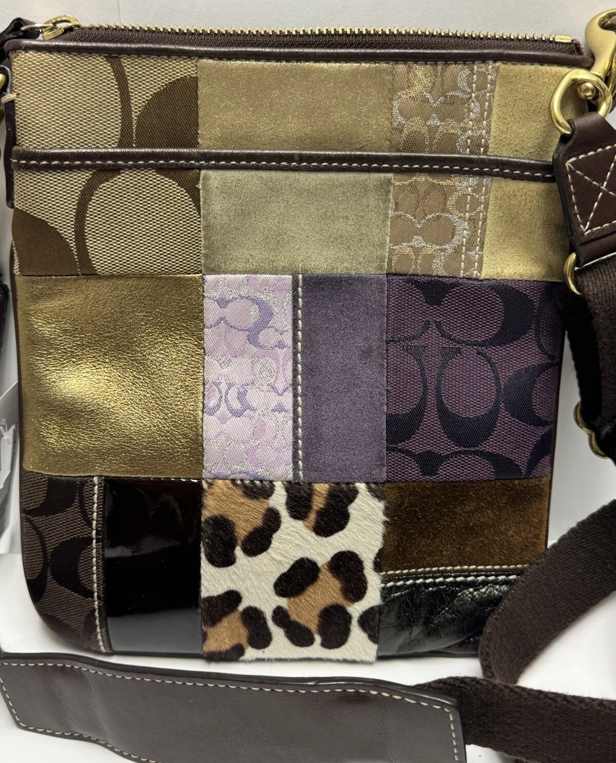 Borsa a tracolla Coach patchwork in pelle scamosciata firmata jacquard jacquard cerniera nuova