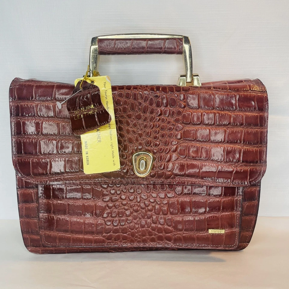 Cartera Taurus Cuero Genuino Marrón Caimán Aspecto Cocodrilo Vintage Estate Foto 3 de 4