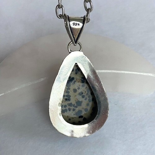 Artisan Silver Plated Bezel Set 2.46" Teardrop Dalmatian Jasper Pendant Necklace - Picture 7 of 12