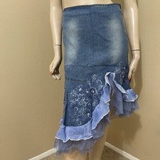 Women  s Blue Denim Cotton Casual Stretch Bead Boho Zipper Size M 6-8 Skirt 3277