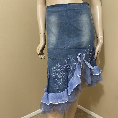 Women s Blue Denim Cotton Casual Stretch Bead Zipper Size XL(10-12) Skirt 3277