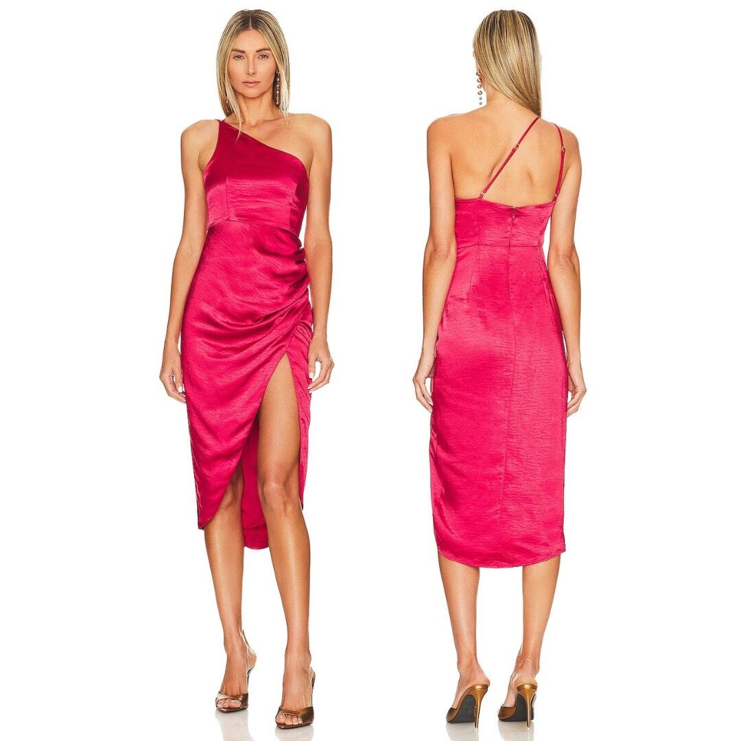 Lovers & Friends Renata Midi Dress One Shoulder Satin Ruched Side Slit Red  Small | eBay