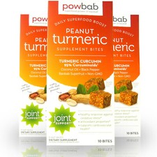 powbab Peanut Turmeric Supplement Bites Protein Snack, Organic Curcumin Joint x3