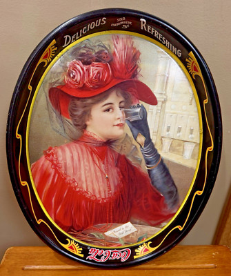 Coca-Cola Reproduction Tray 1908 Calendar Lady in Red  16 x 13 Some Rust on back