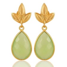 18K Gold Plated Prehnite Chalcedony 925 Sterling Silver Dangle Earrings Jewelry