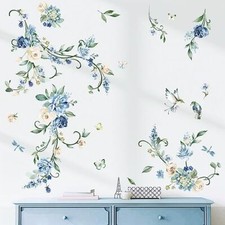 Flower Vines Wall Stickers Blue Rose Watercolor Floral Peel and Stick Wall