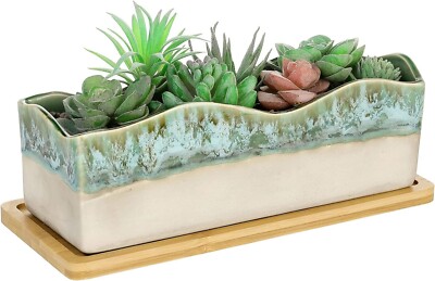 MyGift Green Beige Glazed Ceramic Succulent Planter with Removable Bamboo Tray