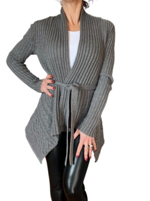 BCBG MAX AZRIA GRAY NOLAN RIBBED CABLE KNIT  BELTED WOOL CARDIGAN SWEATER XS