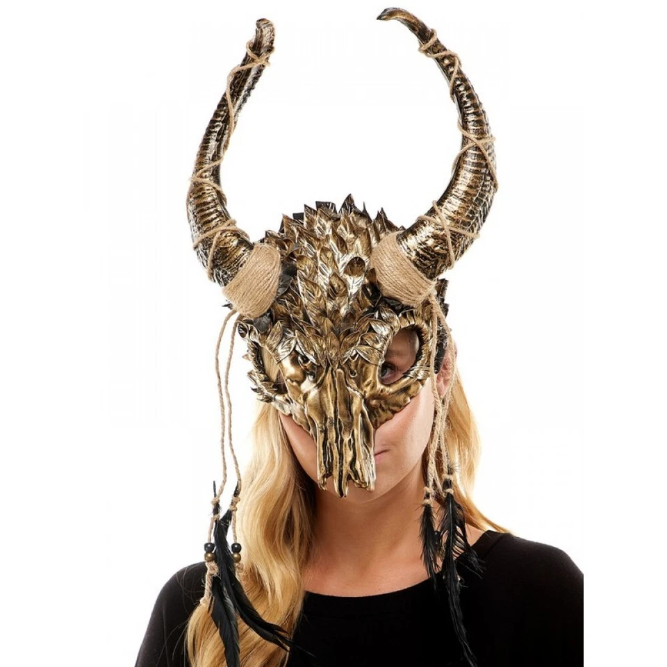 GOAT RAM SKULL MASK WENDIGO PAGAN DEER ANIMAL MASQUERADE HEADPIECE Gold - Image 2 of 2