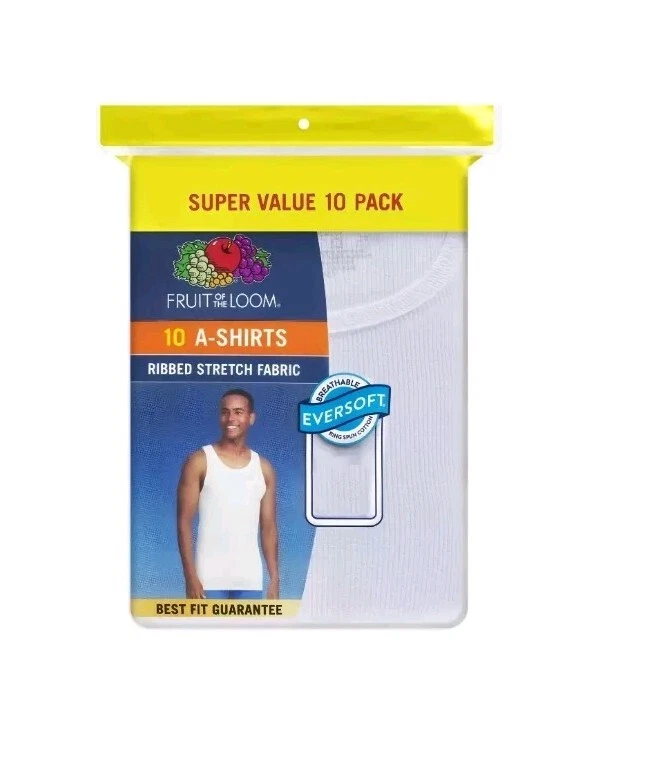 Fruit of the Loom Men's 10 Pack White Ribbed Tag Free Tank A-Shirts Large 42/44
