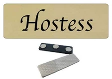10 GOLD / BLACK HOSTESS NAME BADGE ROUNDED CORNERS STRONG MAGNET FASTENER