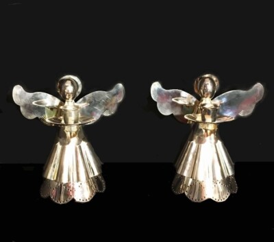 Pair of Angel candle holders. Mexican tin style. By Godinger. 8.5'' tall. Gleam!