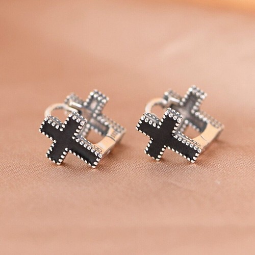 Black Cross Hoop, Sterling Silver Hinged Earrings Men Women Jewelry A4536 - Picture 3 of 9