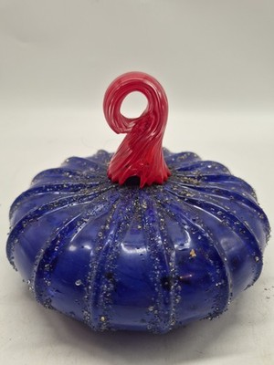 Cobalt Blue Hand Blown Pumpkin Ribbed Red Art Glass Swirl  Stem 5'' X 6 