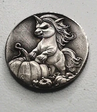 HOBO Cute Angry Unicorn With Pumpkins Made A From REAL WWII Silver Nickel SIGNED