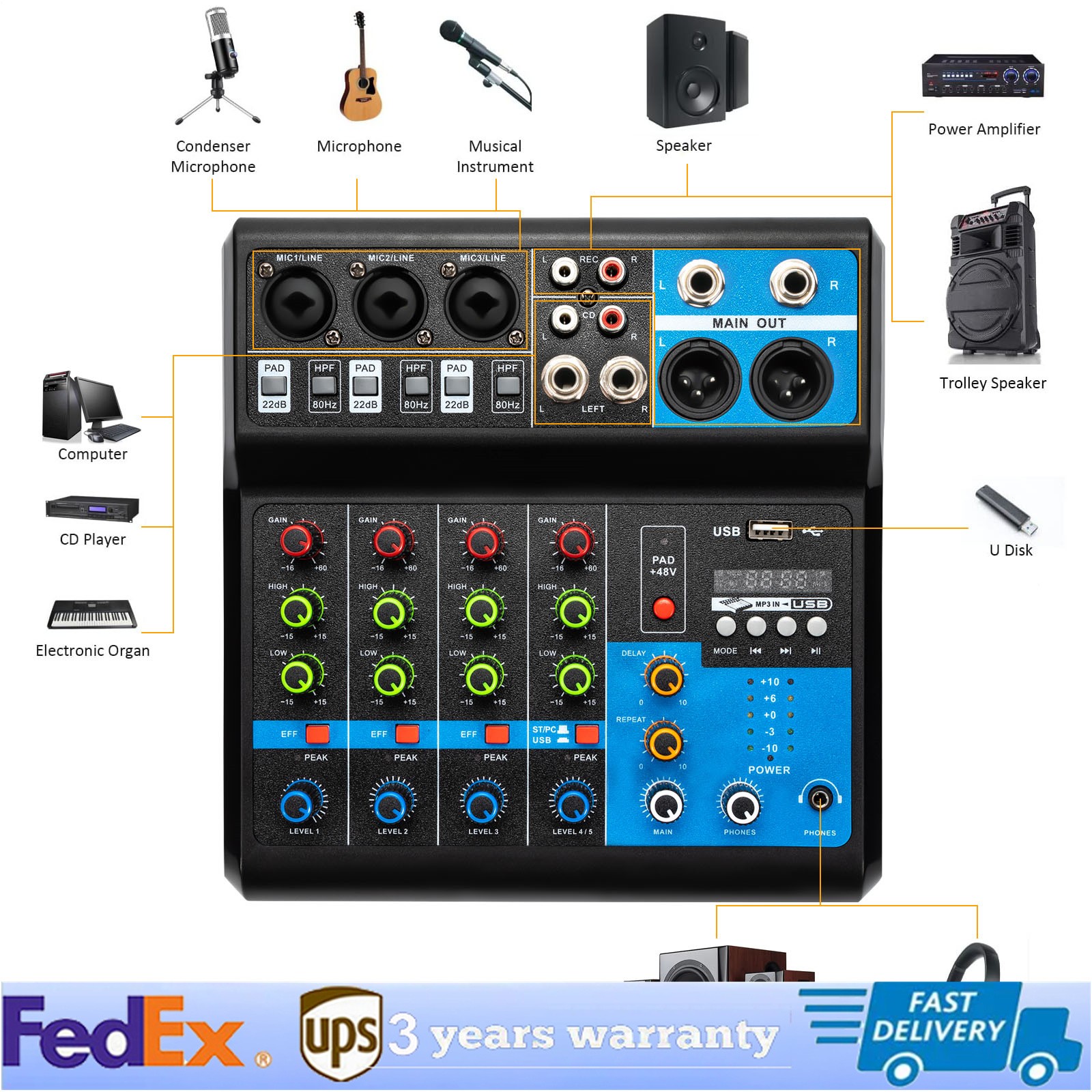 5-Channel Mixer with Bluetooth, USB, and Reverb for Live Audio Mixing