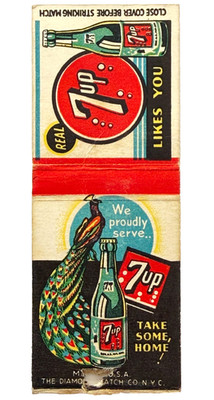 1940s 7Up Soda Peacock We Proudly Serve Real 7Up Advertisement Matchbook Cover