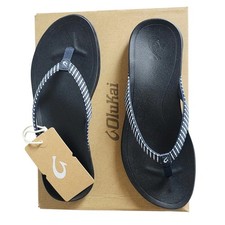 New Olukai Ho'Opio Womens Sandals Flip Flop Thong Flats Striped Navy White NIB