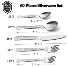 HaWare Hammered Silverware Set, 60-Piece Stainless Steel Flatware for 12, Modern