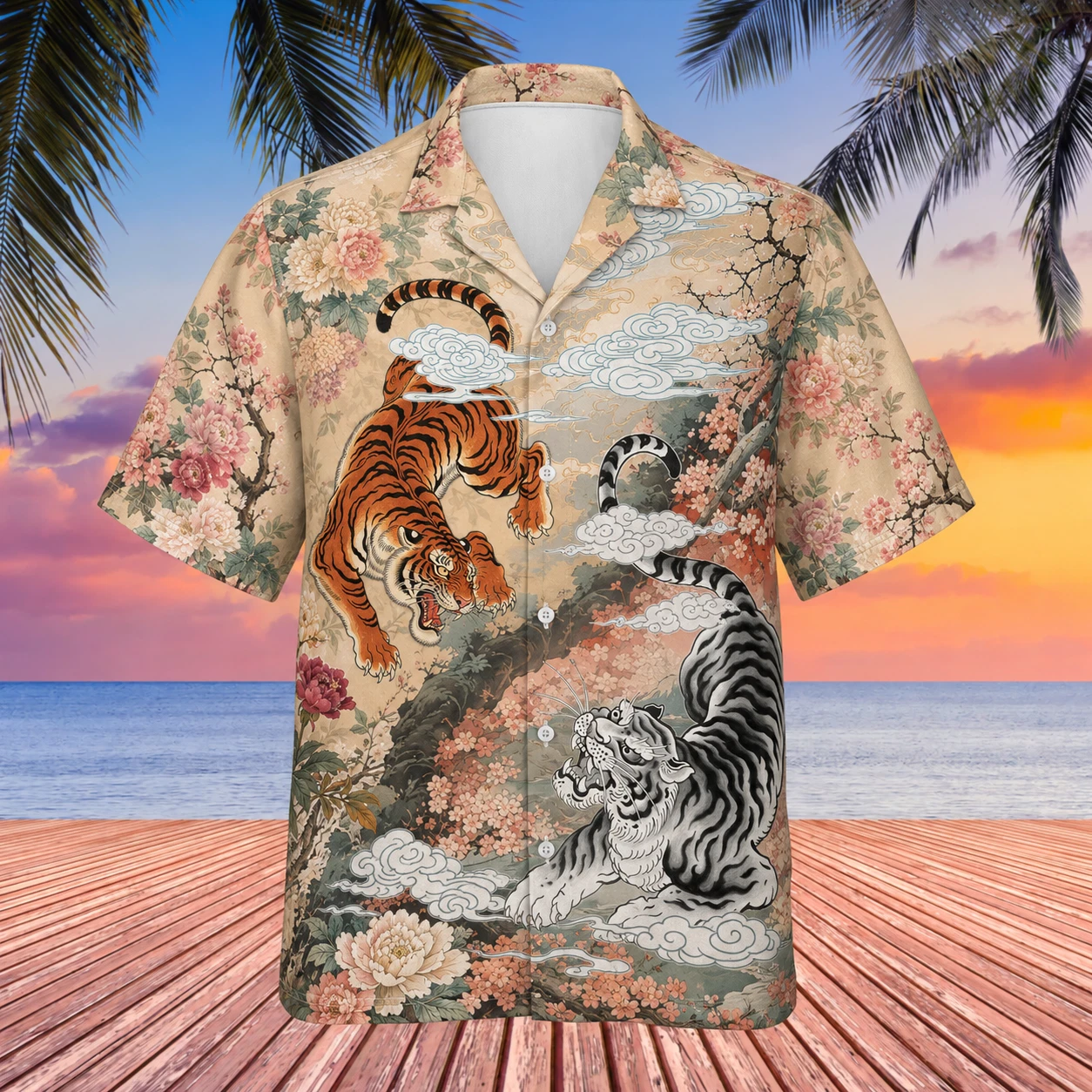 Hawaiian Shirt Men Casual Short Sleeve Button Up Japanese Tiger Peony Sakura Art