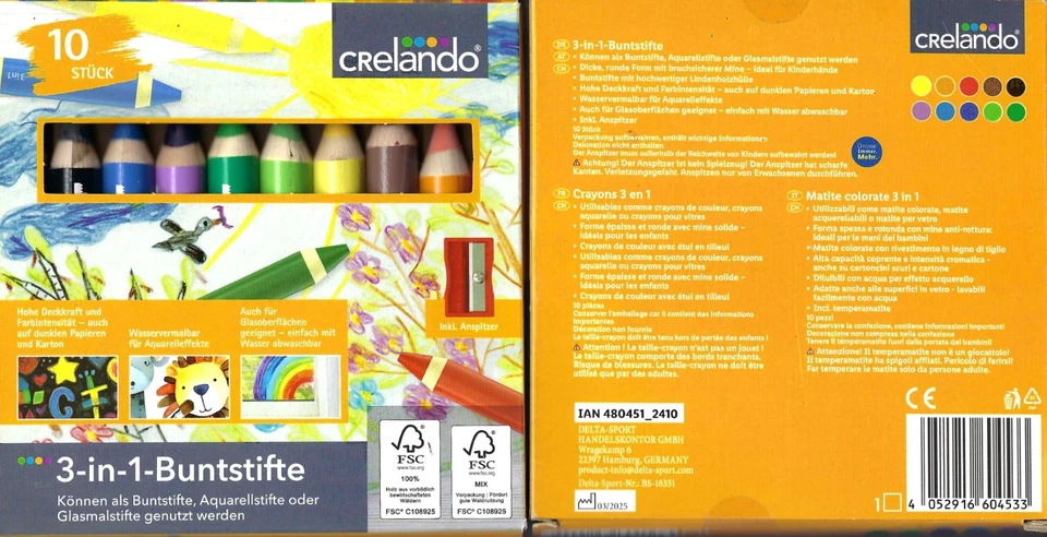 10 Stück 3-in-1-Buntstifte mit Anspitzer brillante Farbe-Neu & OVP von Crelando