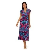 Adrianna Papell Midi Dress Women's 6 Navy Floral Smocked Flutter Sleeve