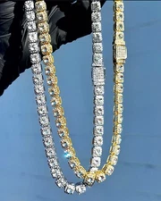 14k Gold/White Gold Iced-Out Cluster Tennis Chain Necklace