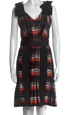 Prada Runway Plaid Dress Wool Silk Red Black A-Line Belted Bows IT 38