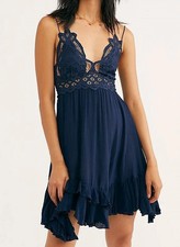 Free People Women's Navy Blue Adella Lace Mini Slip Dress Ruffle Hem Boho S