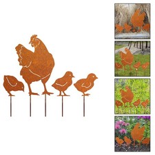 Iron Rusty Chicken Decorative Garden Stake Set Perfect for Pot Accents