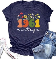 Women 65th Birthday Shirt Vintage 1961 Tshirt Sixty Large, Navy Blue-1961a