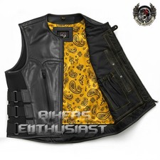 Tactical SWAT Style Black Biker Vest   Handmade Leather Motorcycle Club Vest