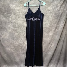 Navy Blue Velvet Celestial Moon Star Embroidered Maxi Dress Size L Whimsigoth