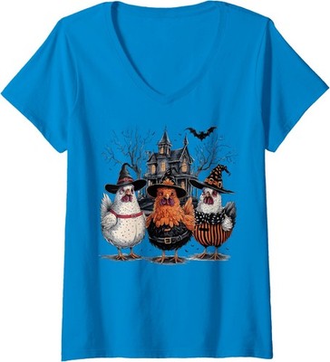 Retro Spooky Chickens Haunted House Pumpkin Witch Ladies' V-Neck Tshirt