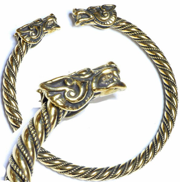 Bronze Wikinger Armreif Geri Und Freki Odins WöLfe Gr.L Wolfskopf Zier-Enden-image