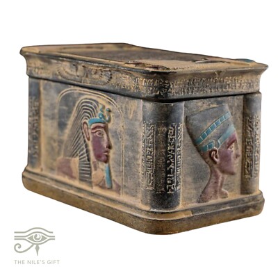 Stone Egyptian Jewelry Box with King Tut and Nefertiti Carvings