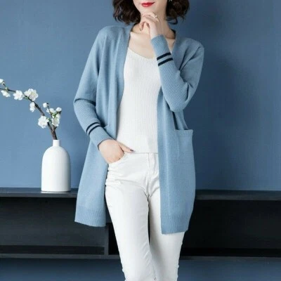Damen Offene Vorderseite Strickjacke Mantel Lang Ärmel Pullover Taschen Freizeit - Bild 1 von 4