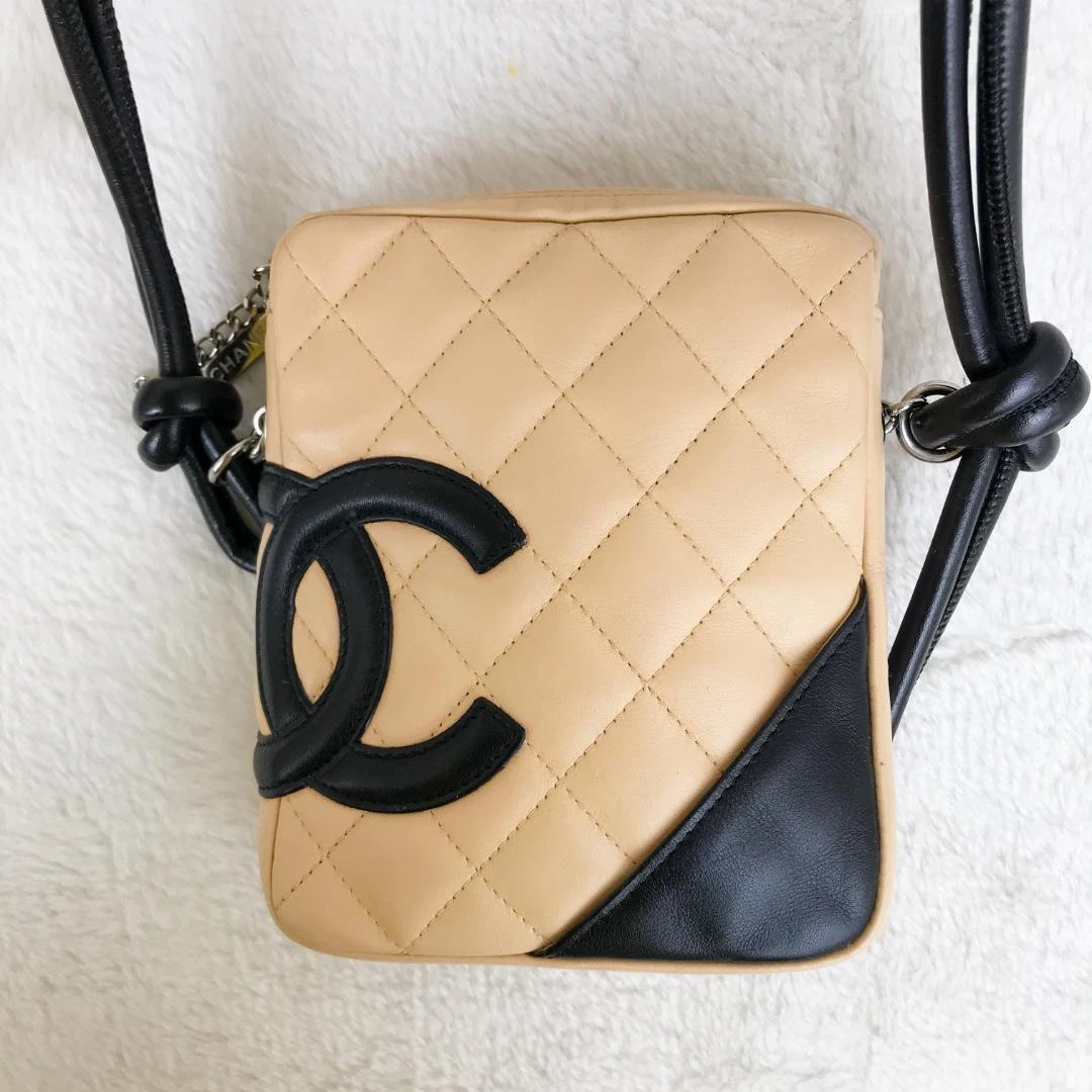 Chanel Cambon Line Shoulder Bag Beige Black 15.5cmx13cmx3cm Free