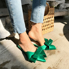 New Women's Low Heel Bowknot Flats Loafe Mules Shoes Slippers Satin Pointed Toe