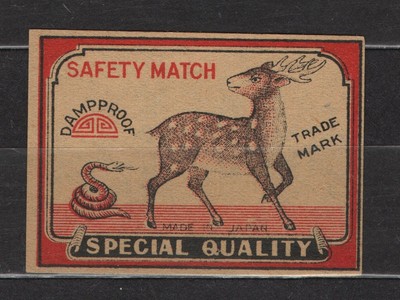 MATCHBOX ETIKETTEN JAPAN - Hirsch und Schlange, feuchtfest, Export - **neuwertig