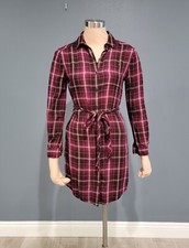 BANANA REPUBLIC fuschia pink black plaid belted shirt dress 0