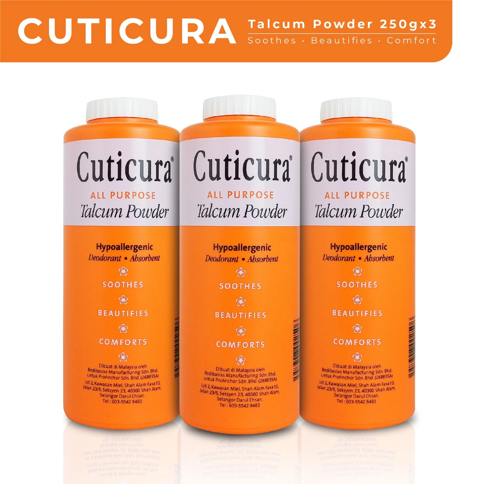 (250gr) 3x Cuticura Talcum Powder Body Talc Midly Medicated Baby Safe
