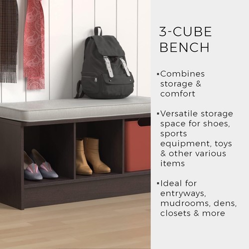 Compact Dark Cherry Storage Bench with Gray Cushion - 3 Cubes for Organization - Picture 7 of 12