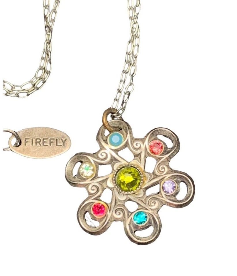 "Collar vintage de cristal flor intrincado cristal luciérnaga multicolor 16""" Foto 4 de 4