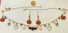 HALLOWEEN NECKLACE/EARRINGS-BAT,GHOSTS JACK-O-LANTERNS, SKULLS,MOONS 24" 729